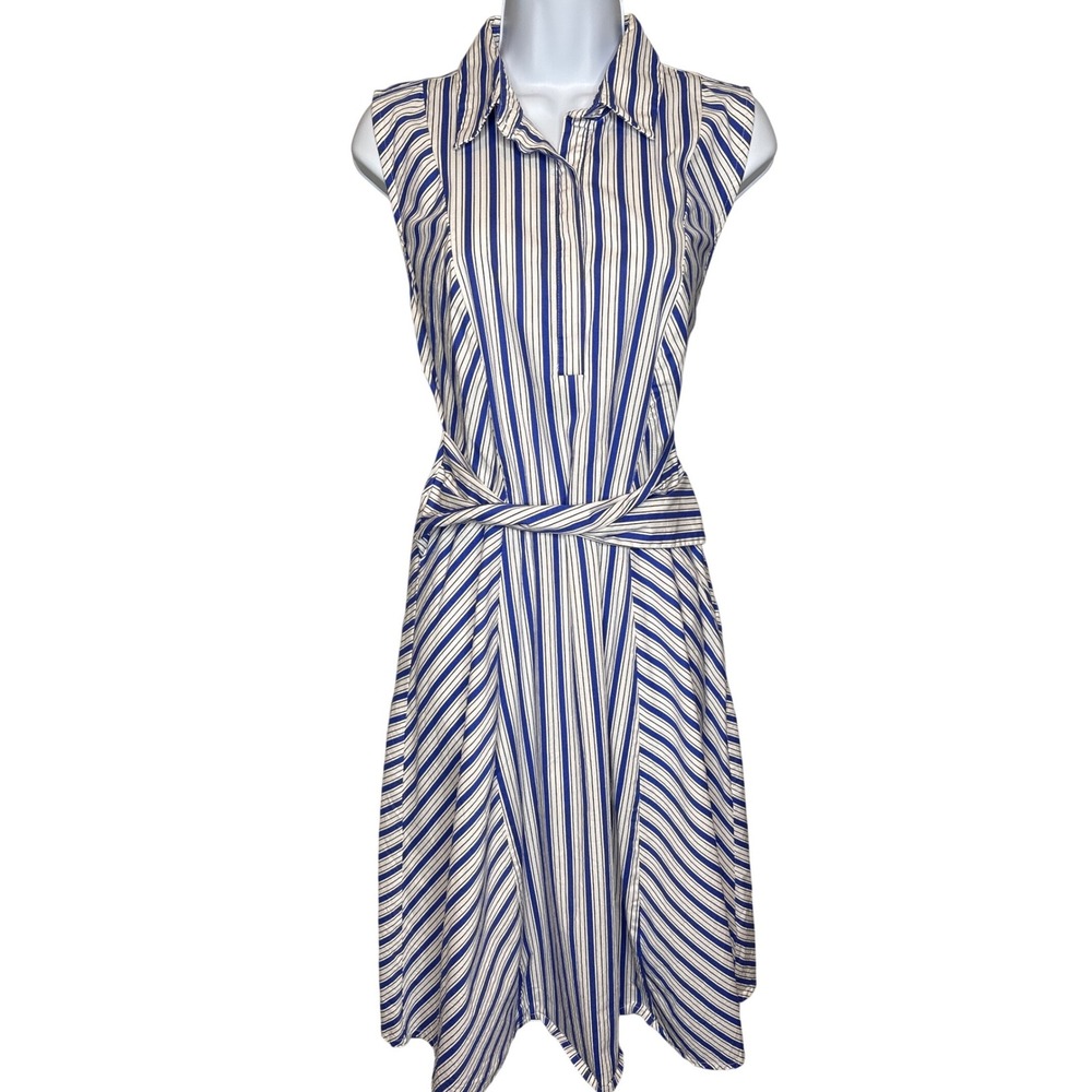 Liz Claiborne Blue Striped Sleeveless Shirt Dress 10 Faux Wrap Preppy Nautical